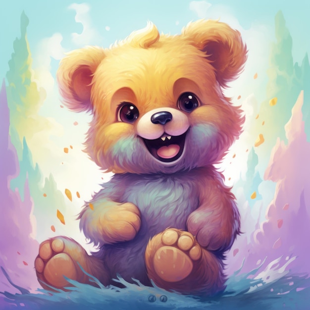 Ilustración en color pastel de la IA generativa del oso de peluche feliz
