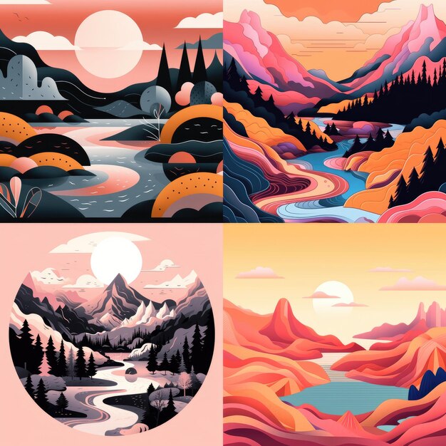 Ilustración en color pastel de montaña y trazo negro de una página de aterrizaje para un sitio web Generative ai