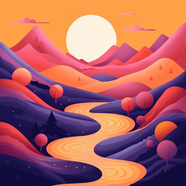 Ilustración en color pastel de montaña y trazo negro de una página de aterrizaje para un sitio web Generative ai