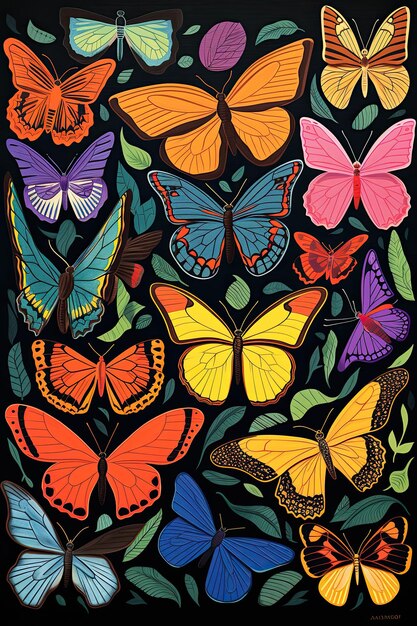Foto ilustración en color que muestra diversas mariposas ia generativa