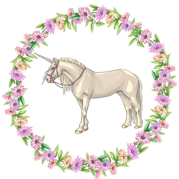 Ilustración a color de un unicornio con flores.