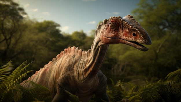 Ilustración coloreada de Vray de Parasaurolophus con cola de escorpión