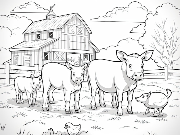 Foto ilustración para colorear una escena de una granja con vacas y un cerdo perfecta para colorear