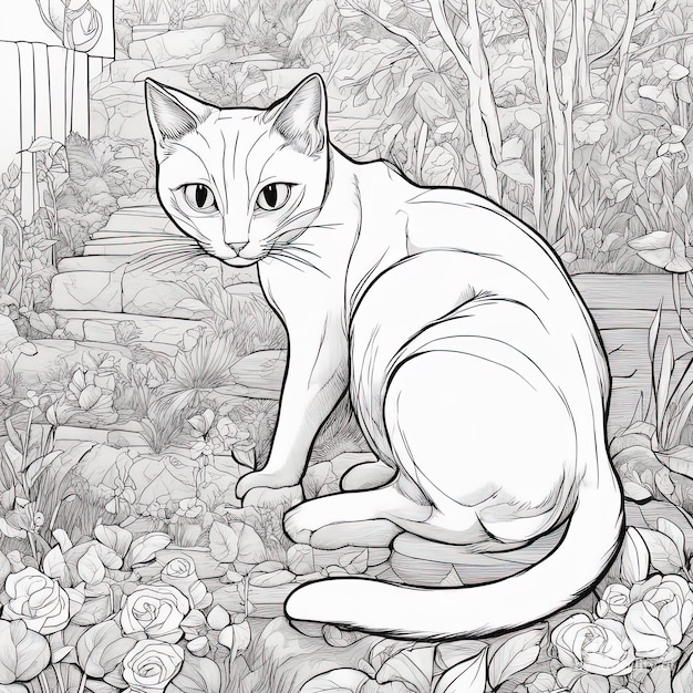 Ilustración para colorear Gatos divertidos en blanco y negro
