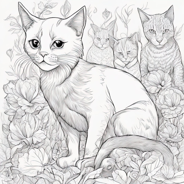 Ilustración para colorear Gatos divertidos en blanco y negro