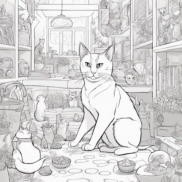 Ilustración para colorear Gatos divertidos en blanco y negro