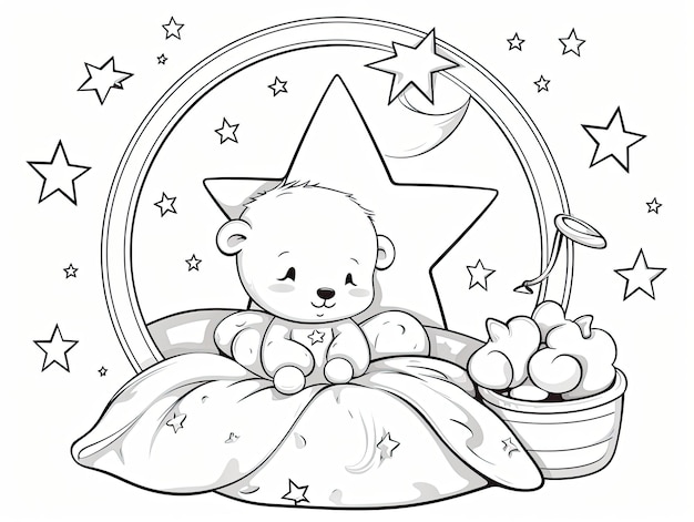 Foto ilustración para colorear una página para colorear en blanco y negro con un oso de peluche en una canasta