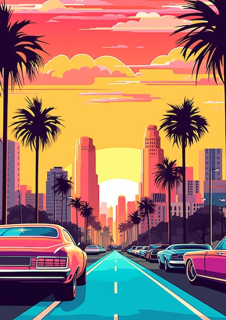 Una ilustración de colores brillantes de una calle de la ciudad con palmeras y autos generativos ai