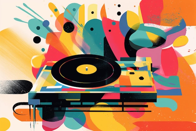 Ilustración de colores brillantes de un tocadiscos con un tocadiscos ai generativo