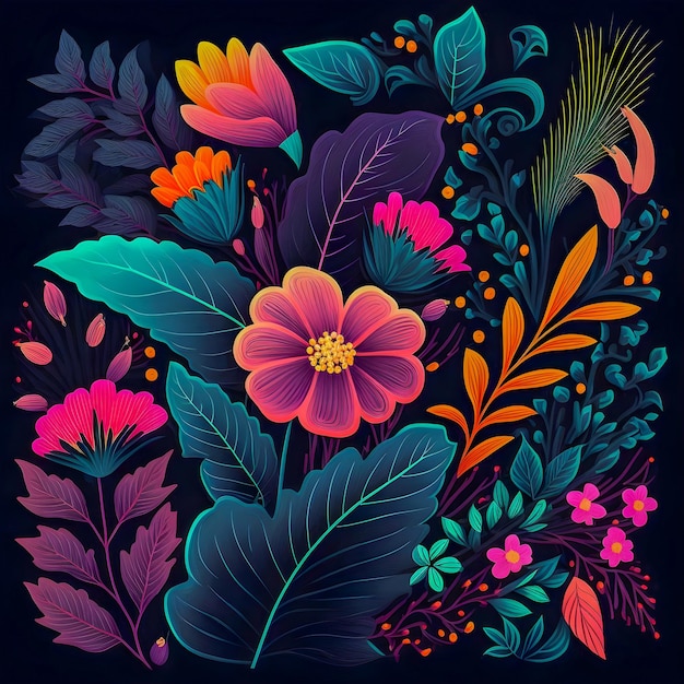 Foto ilustración de colores de neón de patrón de flores