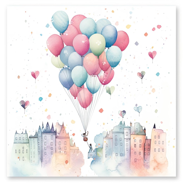Ilustración en colores pastel de acuarela de una tarjeta de cumpleaños con globos de colores