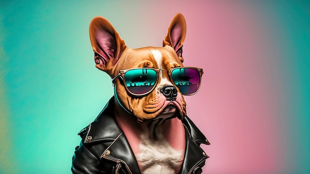 Ilustración colorfu de un personaje de perro de fantasía con gafas de sol y chaqueta de cuero mirando hacia otro lado