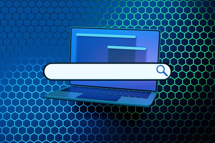 Foto ilustración colorida en 3d de una computadora portátil moderna con una barra de búsqueda de información sobre un fondo de panal el concepto de comunicación a través de las redes sociales de internet chat en el sitio web de mensajes de noticias en video