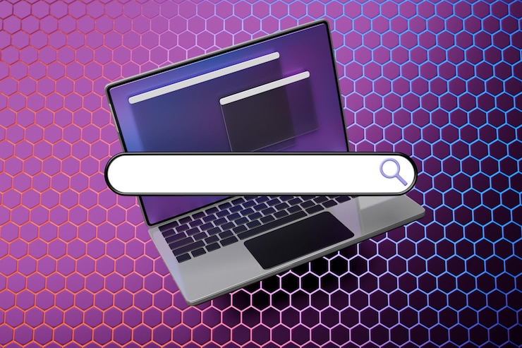 Foto ilustración colorida en 3d de una computadora portátil moderna con una barra de búsqueda de información sobre un fondo de panal el concepto de comunicación a través de las redes sociales de internet chat en el sitio web de mensajes de noticias en video