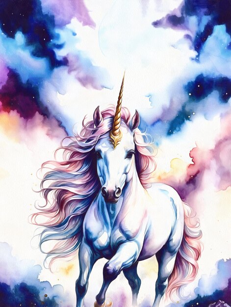 Ilustración colorida en acuarela de arte digital de unicornio de fantasía