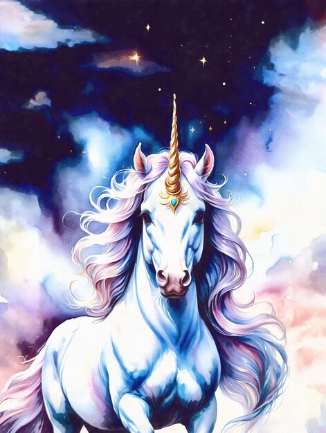 Ilustración colorida en acuarela de arte digital de unicornio de fantasía