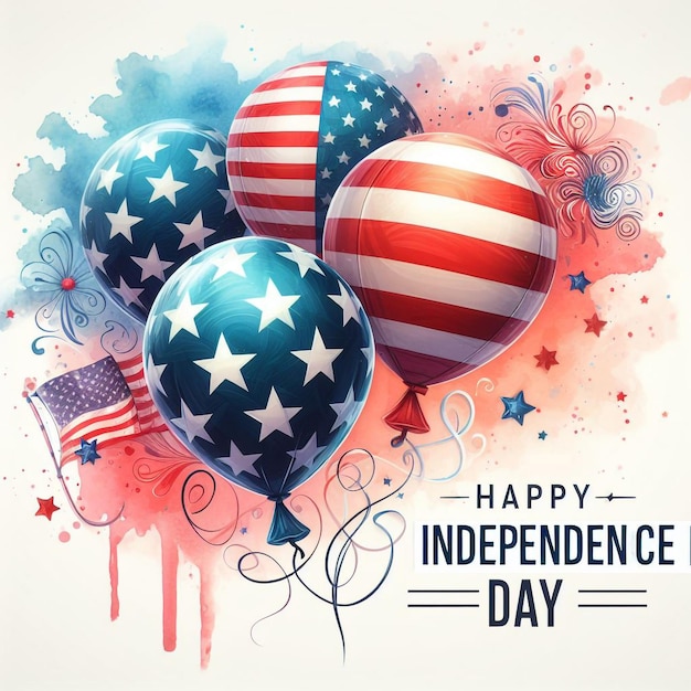 Ilustración colorida en acuarela de la celebración del Día de la Independencia de Estados Unidos el 4 de julio