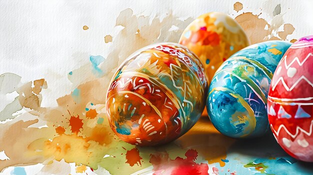 Ilustración colorida en acuarela con huevos de Pascua