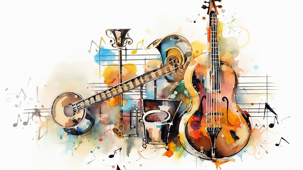 Ilustración colorida en acuarela con instrumentos musicales sobre un fondo blanco Obra artística de Clipart