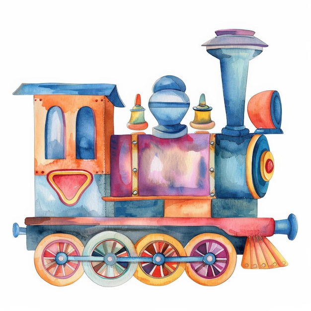 Ilustración colorida en acuarela de un tren de juguete vintage con detalles vibrantes perfecto para el arte infantil y la decoración de la guardería