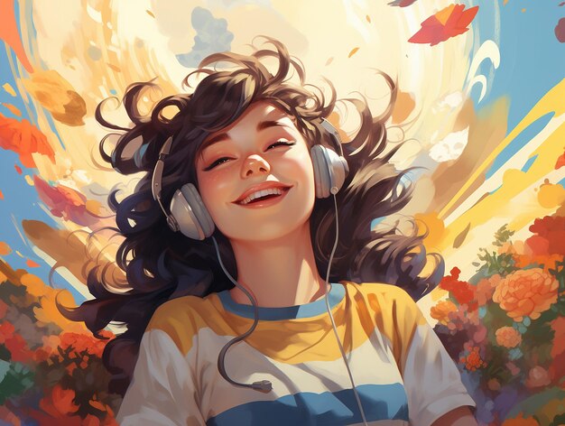 Foto ilustración colorida de una adolescente feliz y sonriente con auriculares concepto de salud mental en la juventud