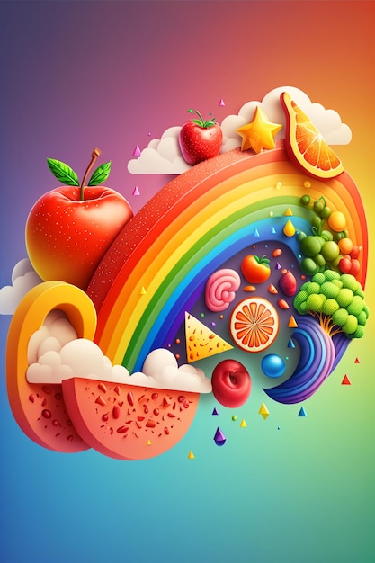 Una ilustración colorida de un arco iris y una fruta y un arco iris.