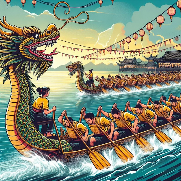 una ilustración colorida de un barco dragón con personas remando en el agua