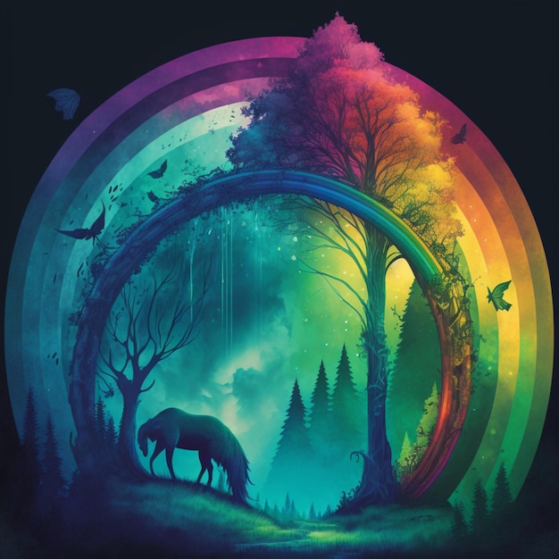 Una ilustración colorida de un bosque con un arco iris y un arco iris.