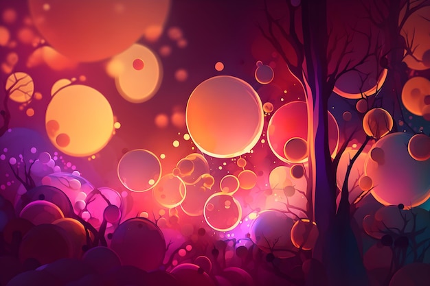 Una ilustración colorida de un bosque con un fondo oscuro y un círculo naranja brillante.