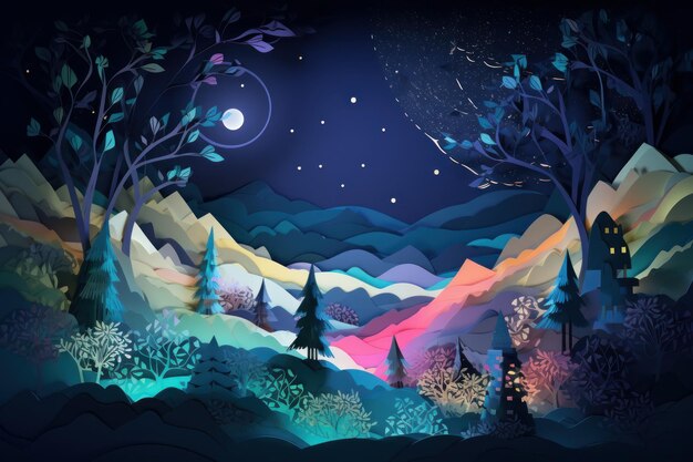 Una ilustración colorida de un bosque con una luna y estrellas en el fondo.