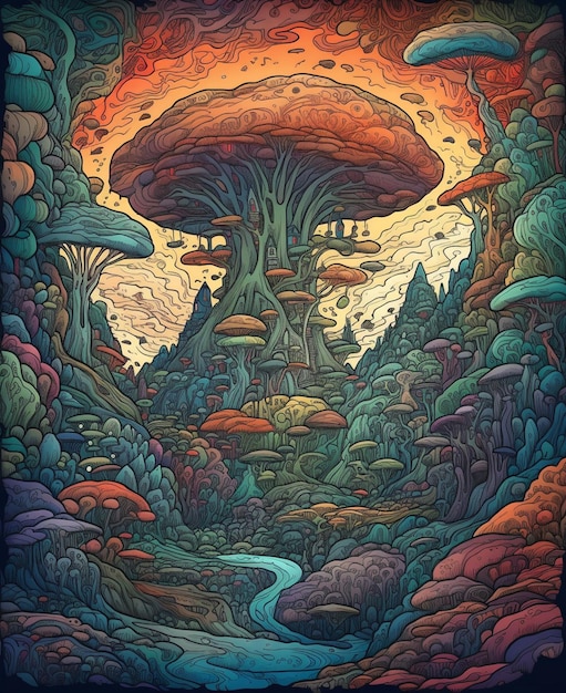 Una ilustración colorida de un bosque con una montaña y una estructura similar a un hongo en el centro.