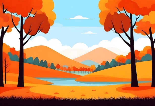 una ilustración colorida de un bosque con un río y árboles