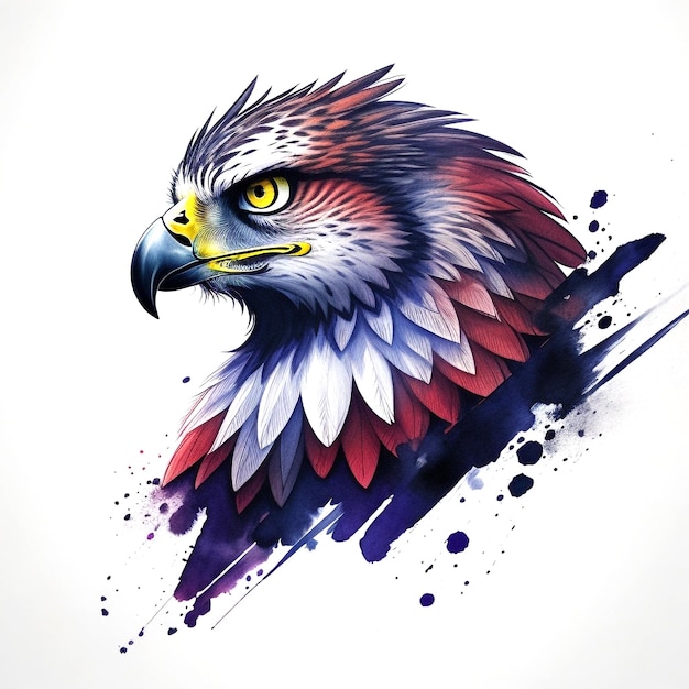 Ilustración colorida de la cabeza de un águila con efecto de salpicaduras en fondo blanco