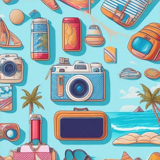 Una ilustración colorida de una cámara y una imagen de una playa con una maleta de viaje