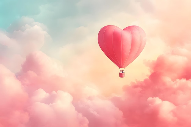 Ilustración colorida captura el romance y la aventura de un globo de aire caliente en forma de corazón flotando