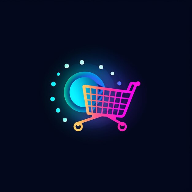una ilustración colorida de un carro de compras con un carrito de compras en el medio