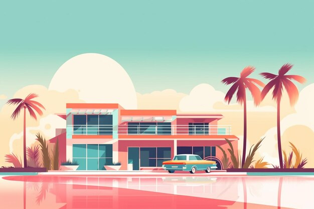 Foto una ilustración colorida de una casa con una palmera y un coche estacionado delante de ella.