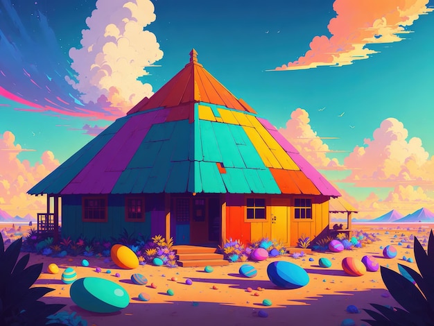 Una ilustración colorida de una casa con techo de arco iris y un cielo colorido.