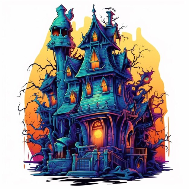 Una ilustración colorida de una casa con un techo espeluznante y una torre ai generativa