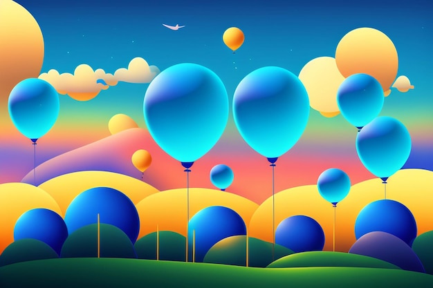 Una ilustración colorida de un cielo colorido con globos en primer plano.