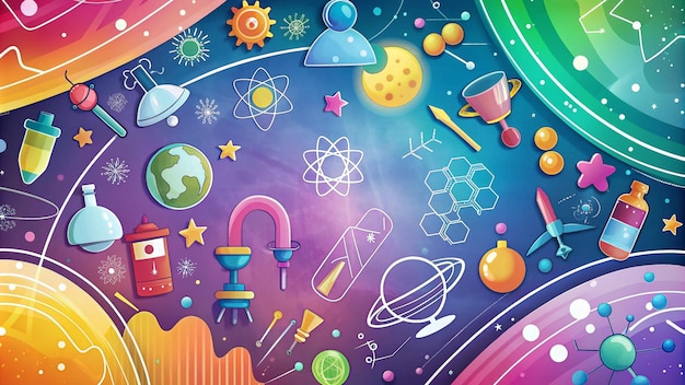 Ilustración colorida de ciencia espacial con planetas, estrellas y vasos