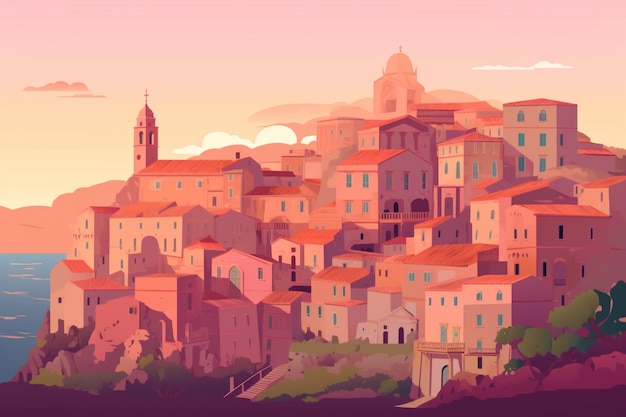 Una ilustración colorida de una ciudad en Italia.