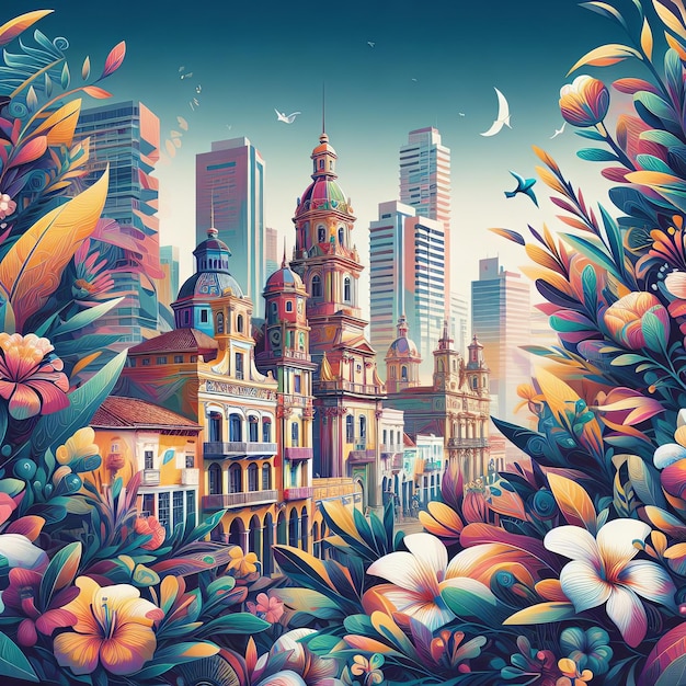 una ilustración colorida de una ciudad con un pájaro volando sobre ella