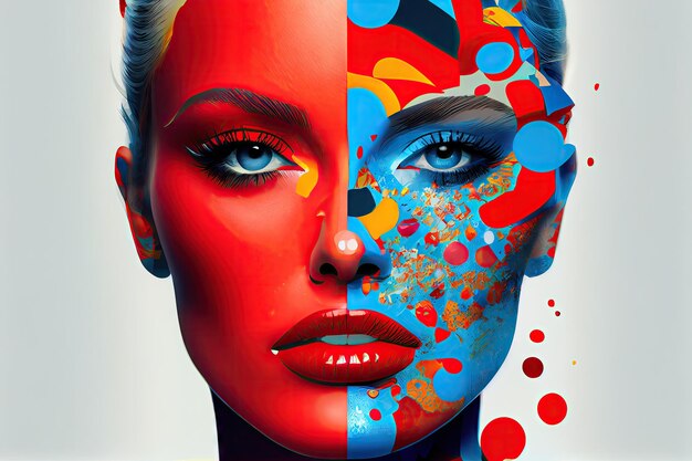 Ilustración colorida del collage de la cara con los labios rojos y los ojos azules