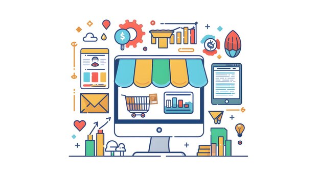 una ilustración colorida de una computadora con una imagen de una tienda que dice correo