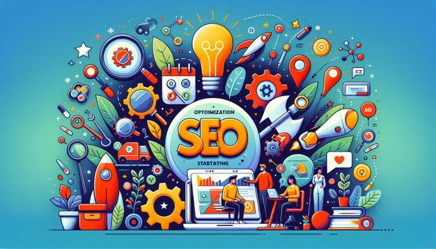 Ilustración colorida del concepto de SEO y Marketing Digital con íconos y caracteres que representan la estrategia de optimización y la tecnología en un fondo azul