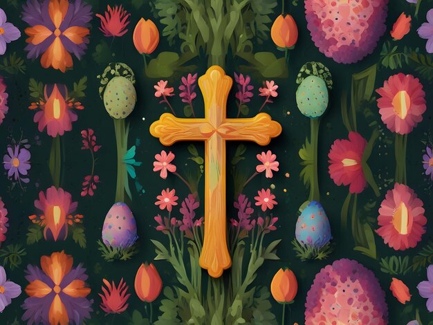 una ilustración colorida de una cruz con flores y una cruz en ella