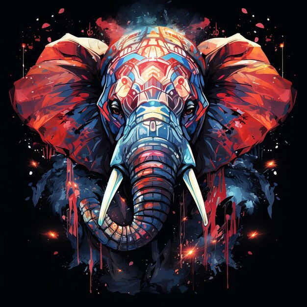 Una ilustración colorida y detallada de un diseño de salpicadura de cabeza de elefante para el diseño de camisetas