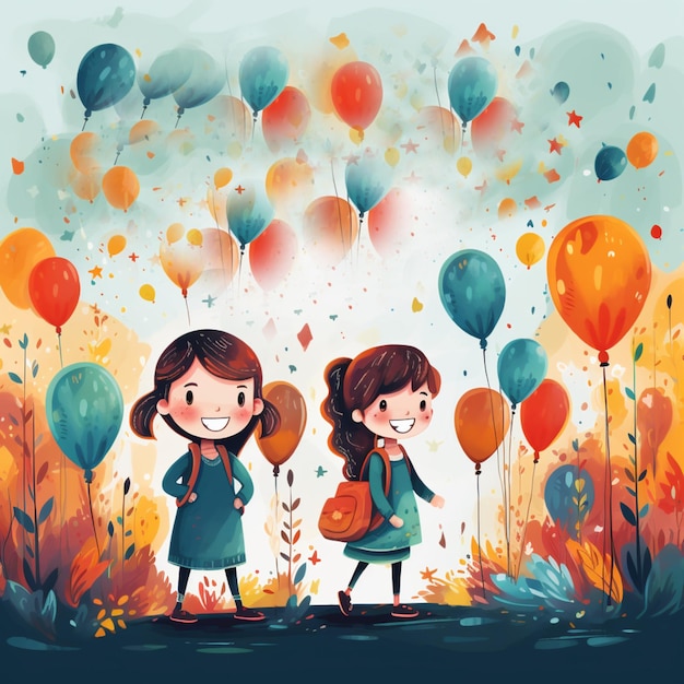 Ilustración colorida del día del niño con lindos personajes de dibujos animados