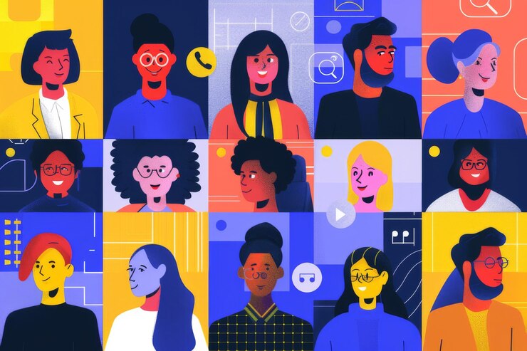 Ilustración colorida de diversas personas en una cuadrícula que muestra varios personajes y personalidades en tonos vibrantes